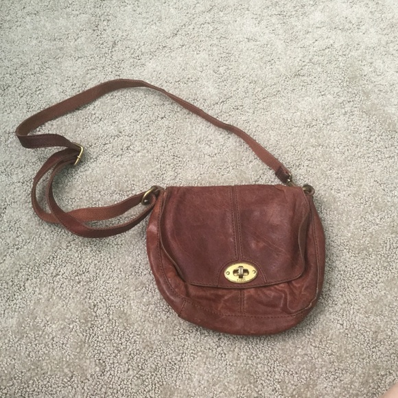 Fossil Handbags - Fossil Brown Leather Crossbody Saddle Bag Boho Country Zip Closure
